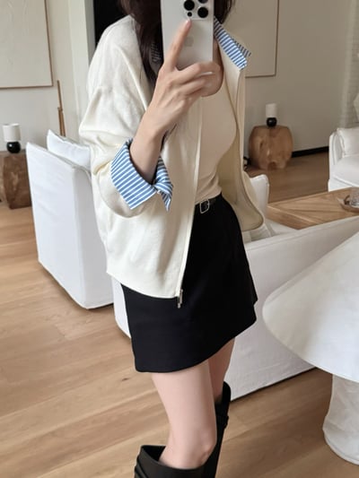 拼接直紋襯領雙拉鍊針織衫13