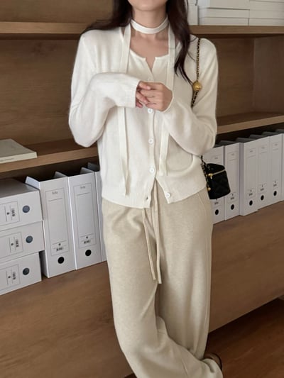 簡約排釦針織外套＋繞頸綁帶SET4