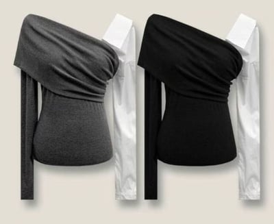 (客訂勿下單）不規則單斜肩拼接襯料上衣9