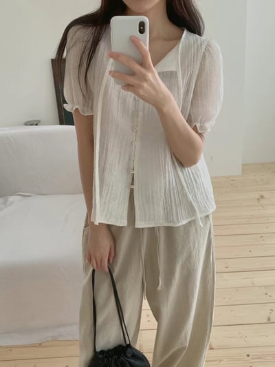 花苞手袖微透綁結雪紡衫2