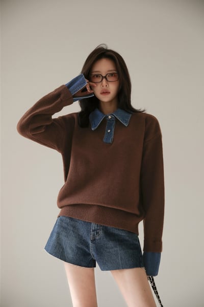 拼接銀釦牛仔面料針織衫8