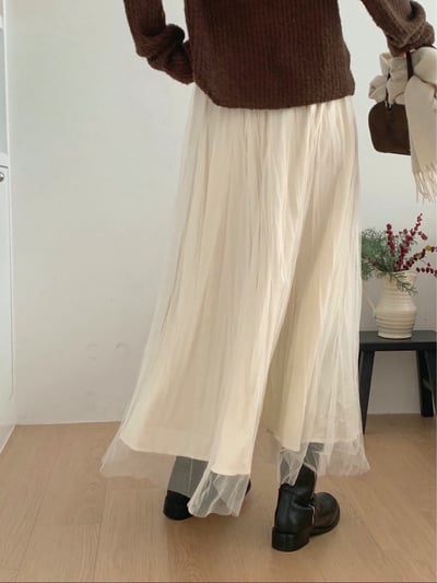 兩面穿！壓紋絨面料拼接網紗長裙6