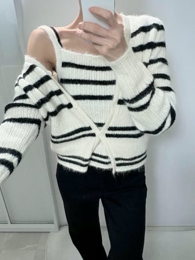 毛款條紋背心＋排釦外套SET10