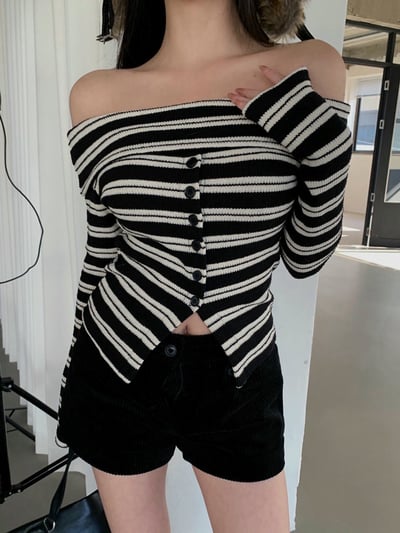 反摺領條紋排釦下開衩針織衣3