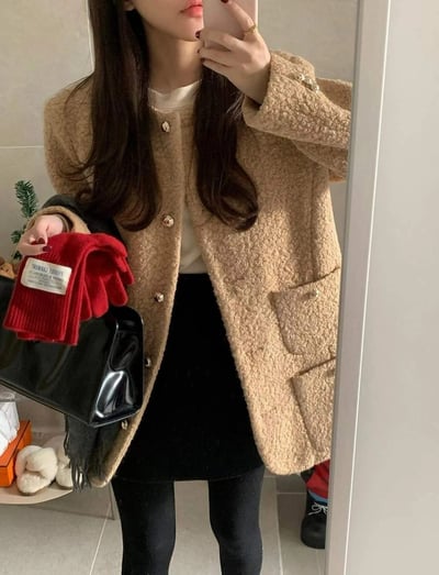 泰迪熊羔毛雙口袋金釦長版外套1