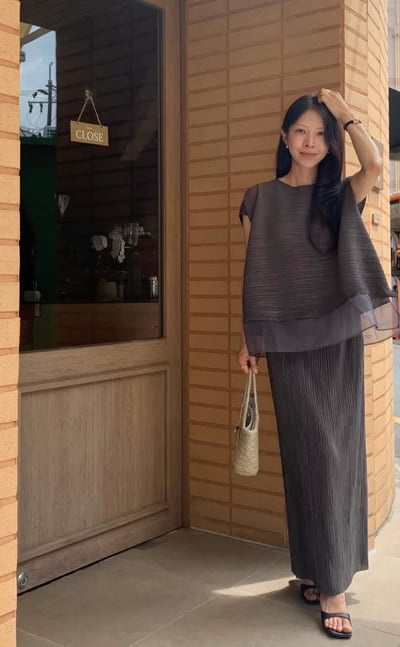 （客訂勿下單）落肩拼接網紗坑紋上衣＋鬆緊長裙SET6