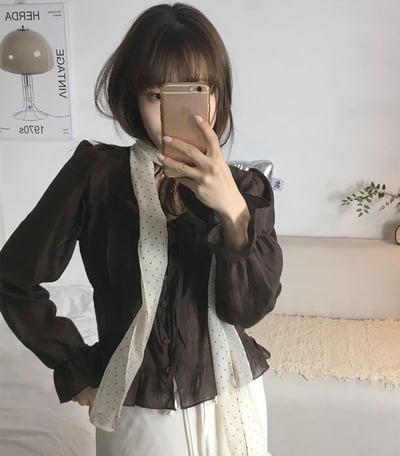 方領荷葉滾邊前綁結排釦雪紡衫8