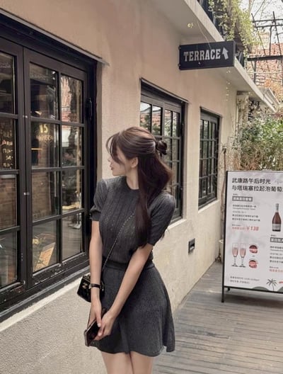 小花鏤空薄針織短袖＋鬆緊短褲裙SET6