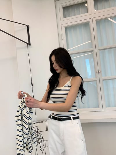 雙配色條紋背心＋排釦薄針織小外套SET8