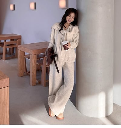 三件組｜Ｖ領針織衣＋披肩＋鬆緊寬褲SET4