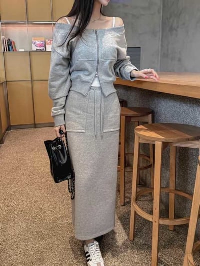 一字領雙拉鍊外套＋雙口袋抽繩棉長裙SET(可拆買）2