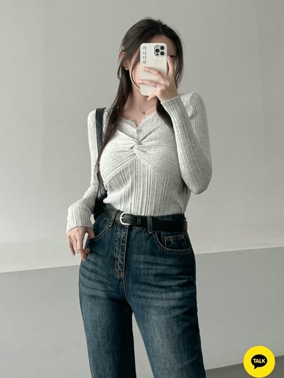 兩穿細坑條排釦罩衫＋扭結背心SET12