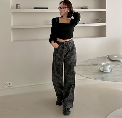 順身豹紋微寬牛仔褲6