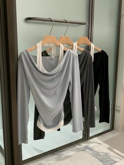 假兩件繞頸背心＋垂墜可斜肩上衣SET9