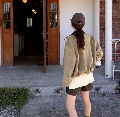 皮革領拼接絨面拉鍊夾克外13