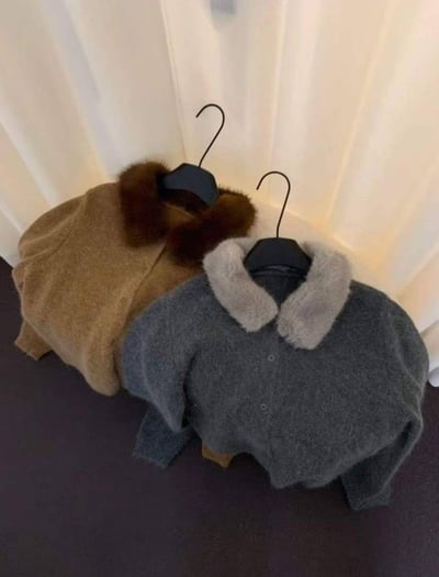 毛毛領拼接針織排釦上衣3