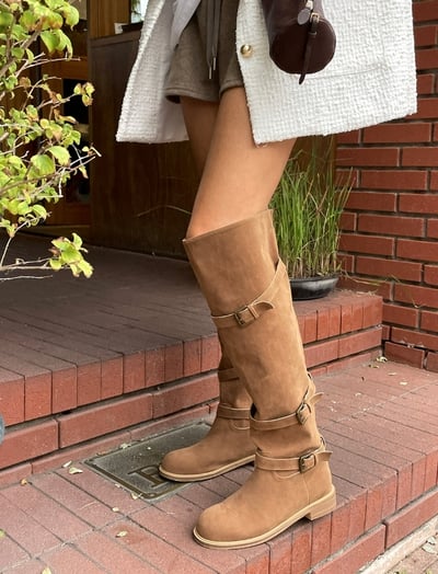圓頭釦環麂皮膝上靴2