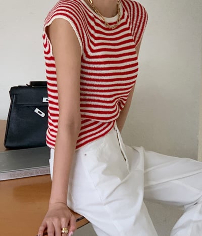 配色半包袖橫條紋薄款針織Ｔ7