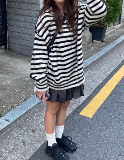 落肩橫條紋連帽長版羊毛外套5