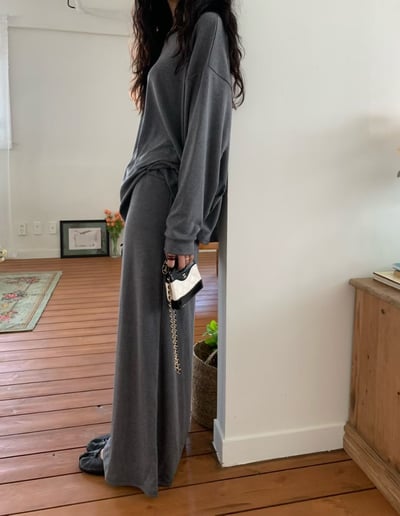 內磨毛可斜肩Ｔ+鬆緊落地磨毛長裙SET(可拆買）4