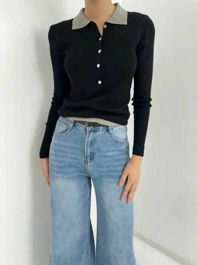 拼接排釦襯領假兩件針織衫10