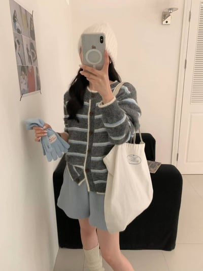 圓領配色橫條紋羊毛針織衫（5%）5