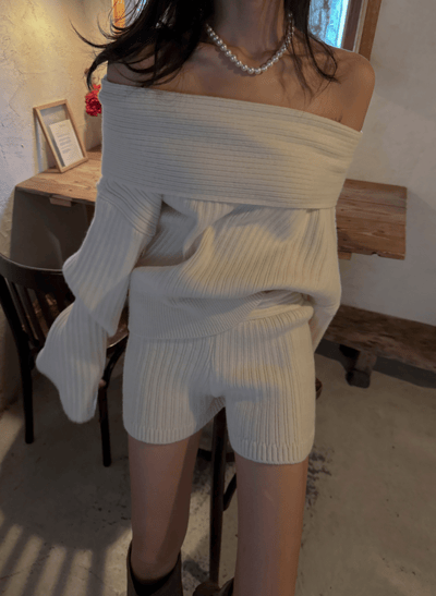 反摺平領羊毛針織衣＋鬆緊短褲SET12