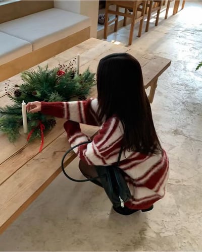 V領毛款橫條紋長版針織衣(羊毛20%)3