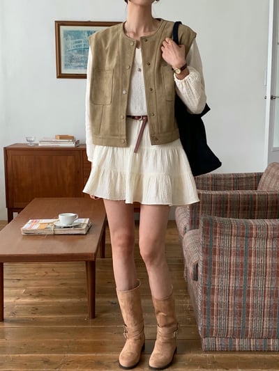 極簡圓領雙口袋麂皮背心13