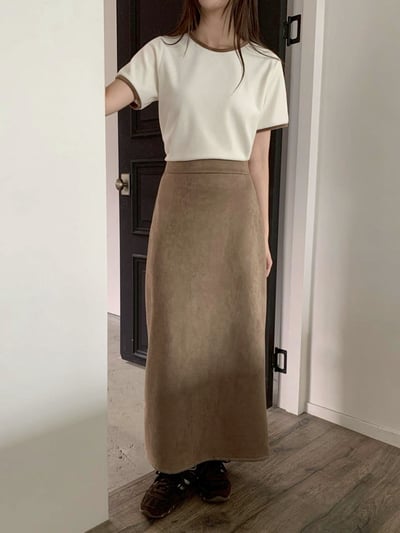 後開衩鬆緊麂皮長裙4