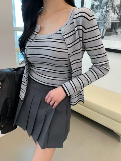 雙配色條紋背心＋排釦薄針織小外套SET12