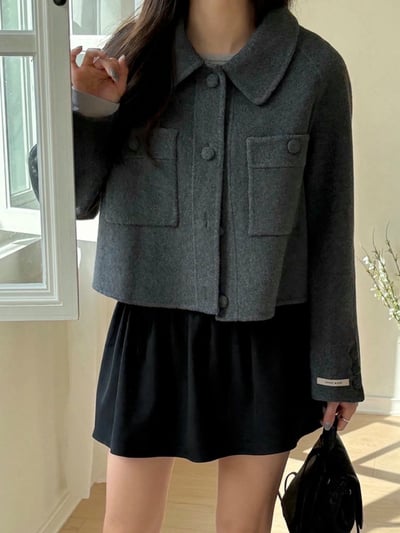 壓線雙口袋羊毛短版大衣外套6