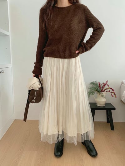 兩面穿！壓紋絨面料拼接網紗長裙5