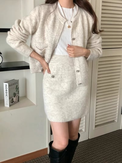 雪花排扣針織衫＋鬆緊針織短裙SET6