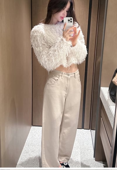 中高腰米色磨毛微寬褲5