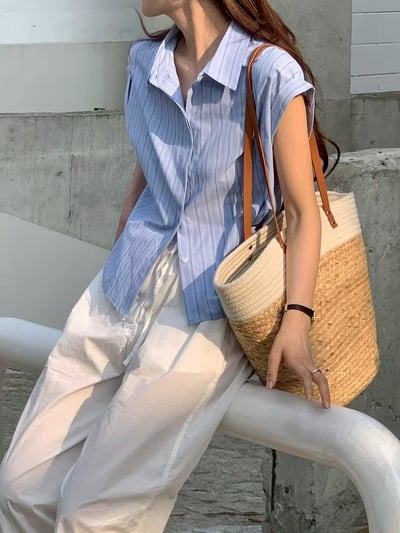 摺袖造型設計條紋襯衫6
