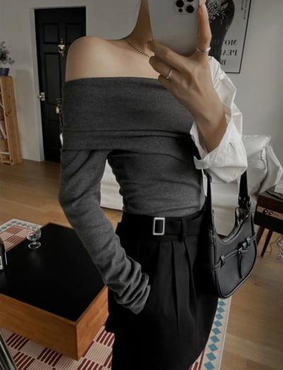 (客訂勿下單）不規則單斜肩拼接襯料上衣8