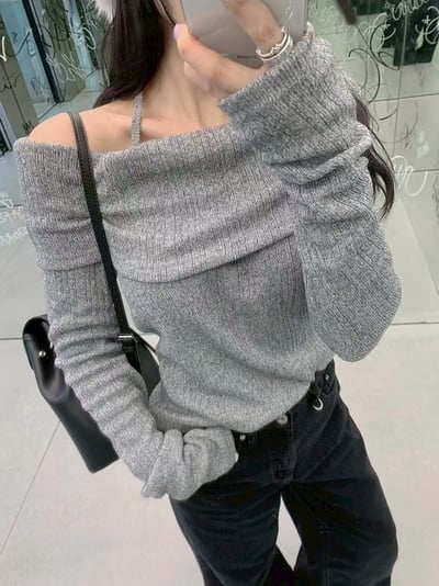 繞頸綁結反摺領薄款針織衣8