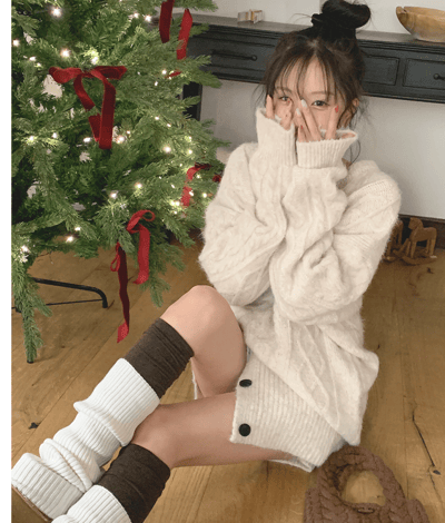 （限量款）圓領麻花針織衣＋排釦圍脖＋鬆緊短褲SET6