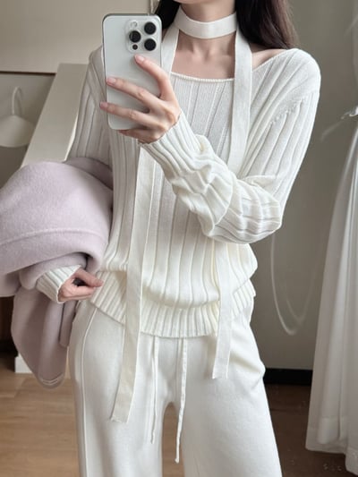 大圓領落肩坑紋針織衣（附綁帶)2