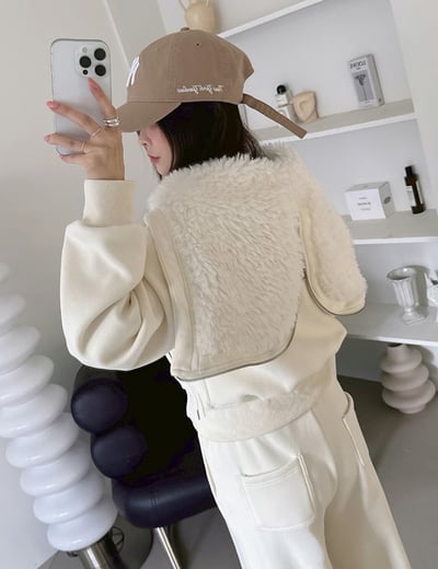 毛毛大翻領設計連帽外套＋鬆緊長褲SET5