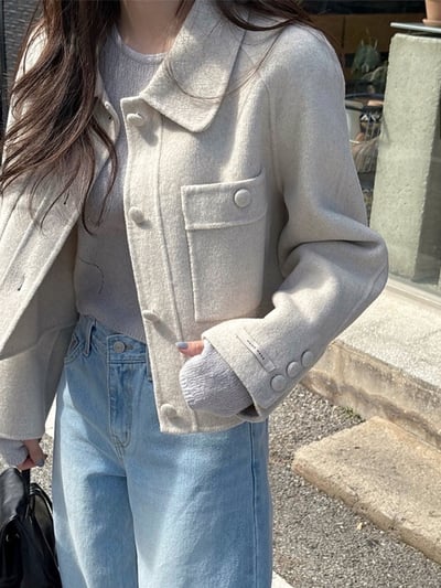 壓線雙口袋羊毛短版大衣外套7