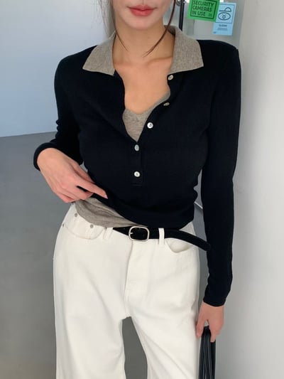 拼接排釦襯領假兩件針織衫1