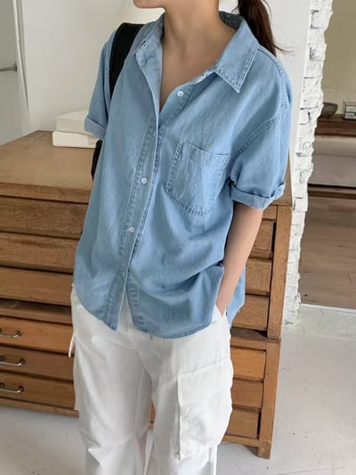 水洗軟牛仔布料短袖襯衫3