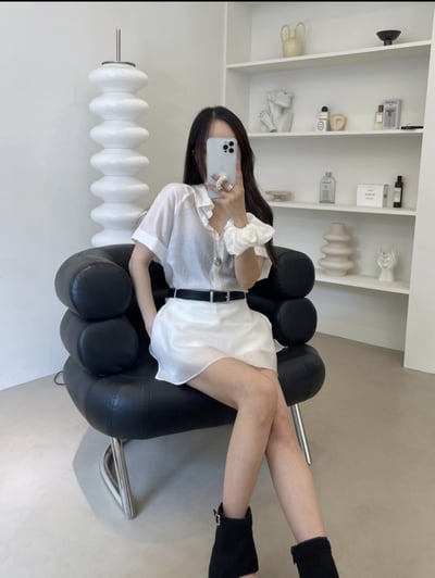 小光澤微透感短袖襯衫＋後鬆緊Ａ字褲裙SET3