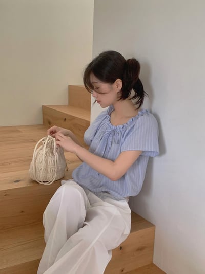 可一字領縮腰短版直紋衫11