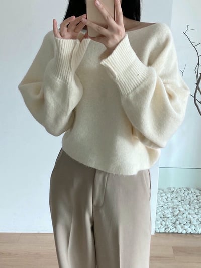 可斜肩短版軟糯毛款針織衣3