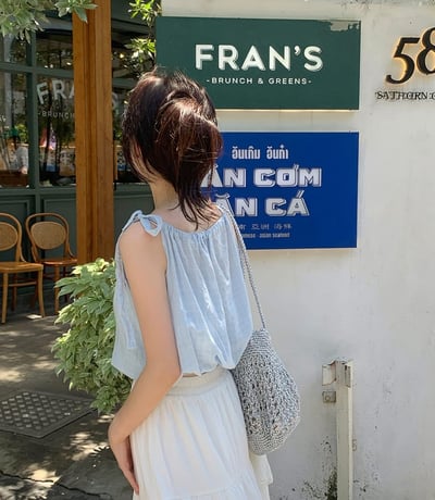 單邊綁結短版縮腰格紋棉麻上衣7