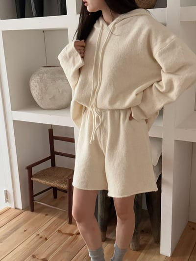 抽繩連帽針織衫＋鬆緊三分針織褲SET10