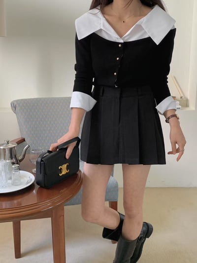 銀扣拼接襯衫翻領上衣1